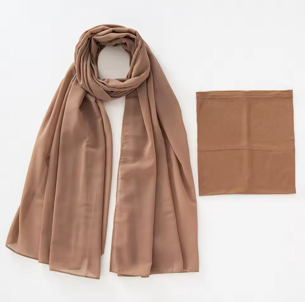 Matching Georgette Hijab + Bamboo Cap Set - Hazelnut