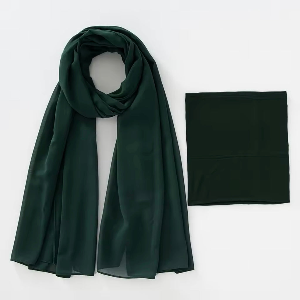 Matching Georgette Hijab & Cap Set - Bottle Green