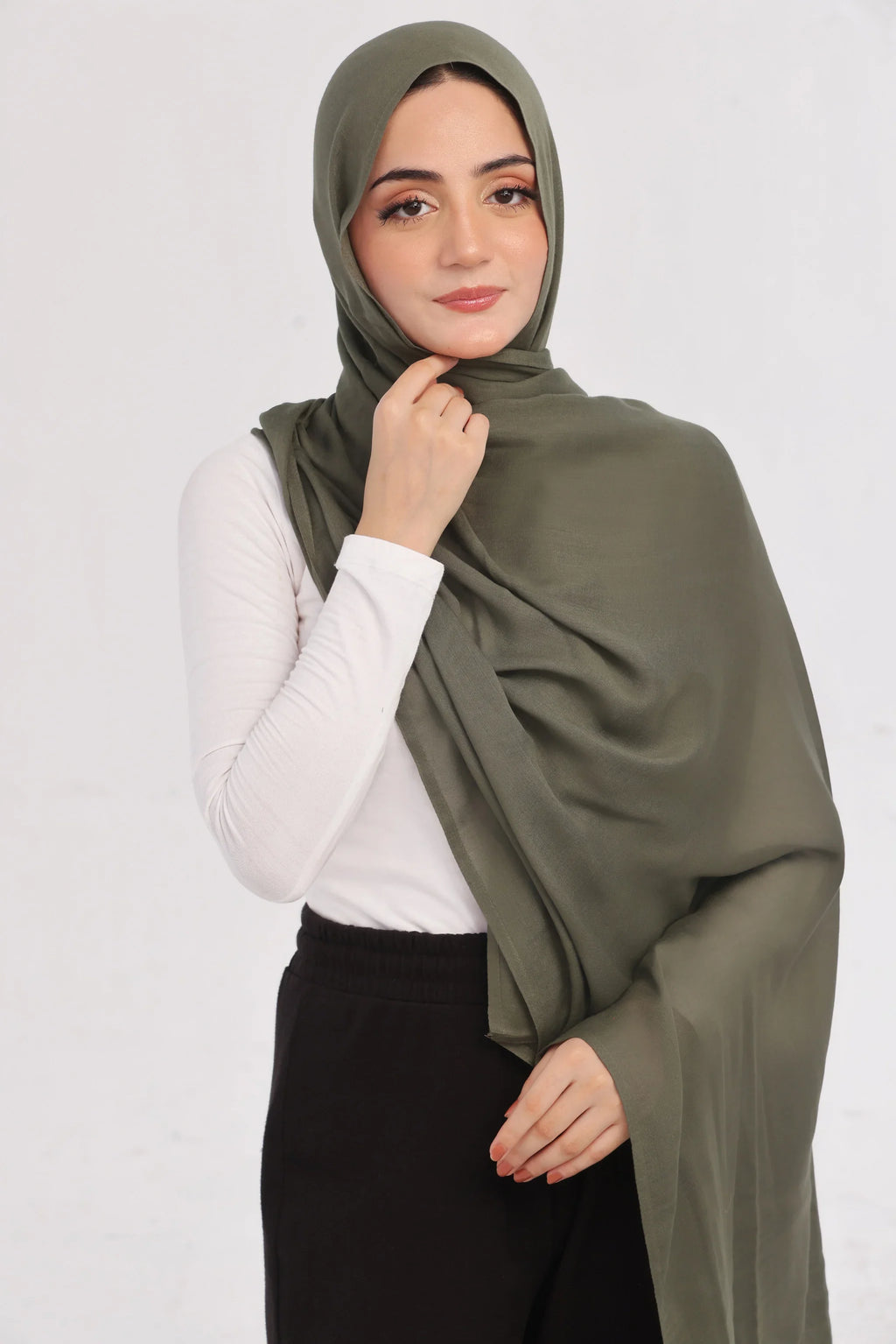 Dark Olive Modal Hijab - worn by model, lightweight and flowy drape.