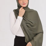 Dark Olive Modal Hijab - worn by model, lightweight and flowy drape.