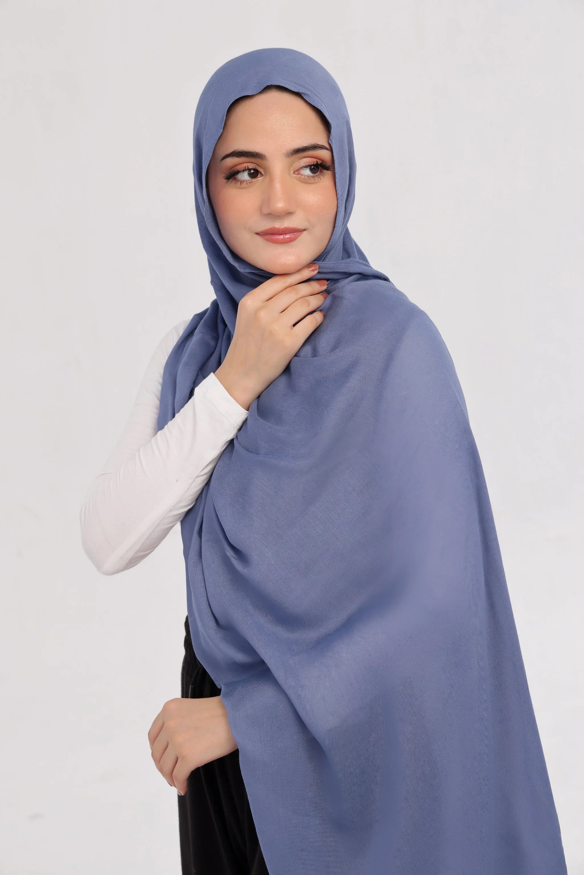 Denim Blue Modal Hijab - close-up of smooth modal fabric texture.
