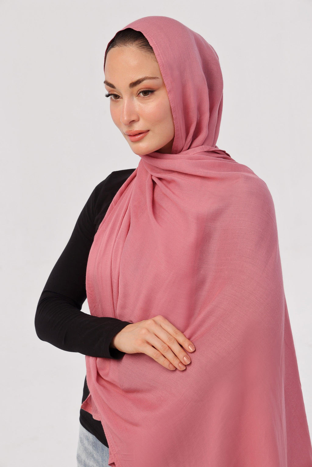 Flamingo Pink Modal Hijab - worn by model, lightweight and flowy drape.