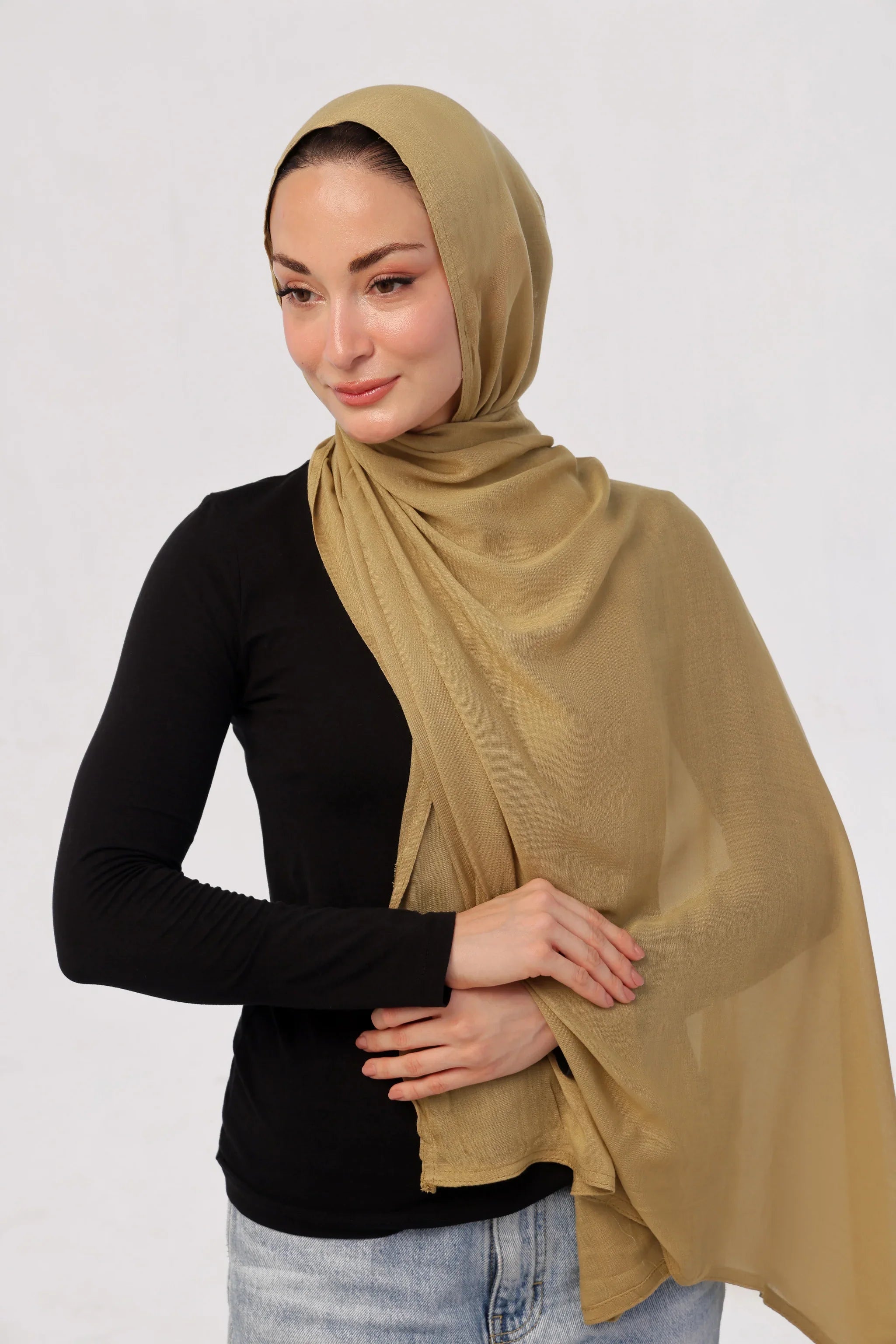 Henna Modal Hijab - worn by model, lightweight and flowy drape.