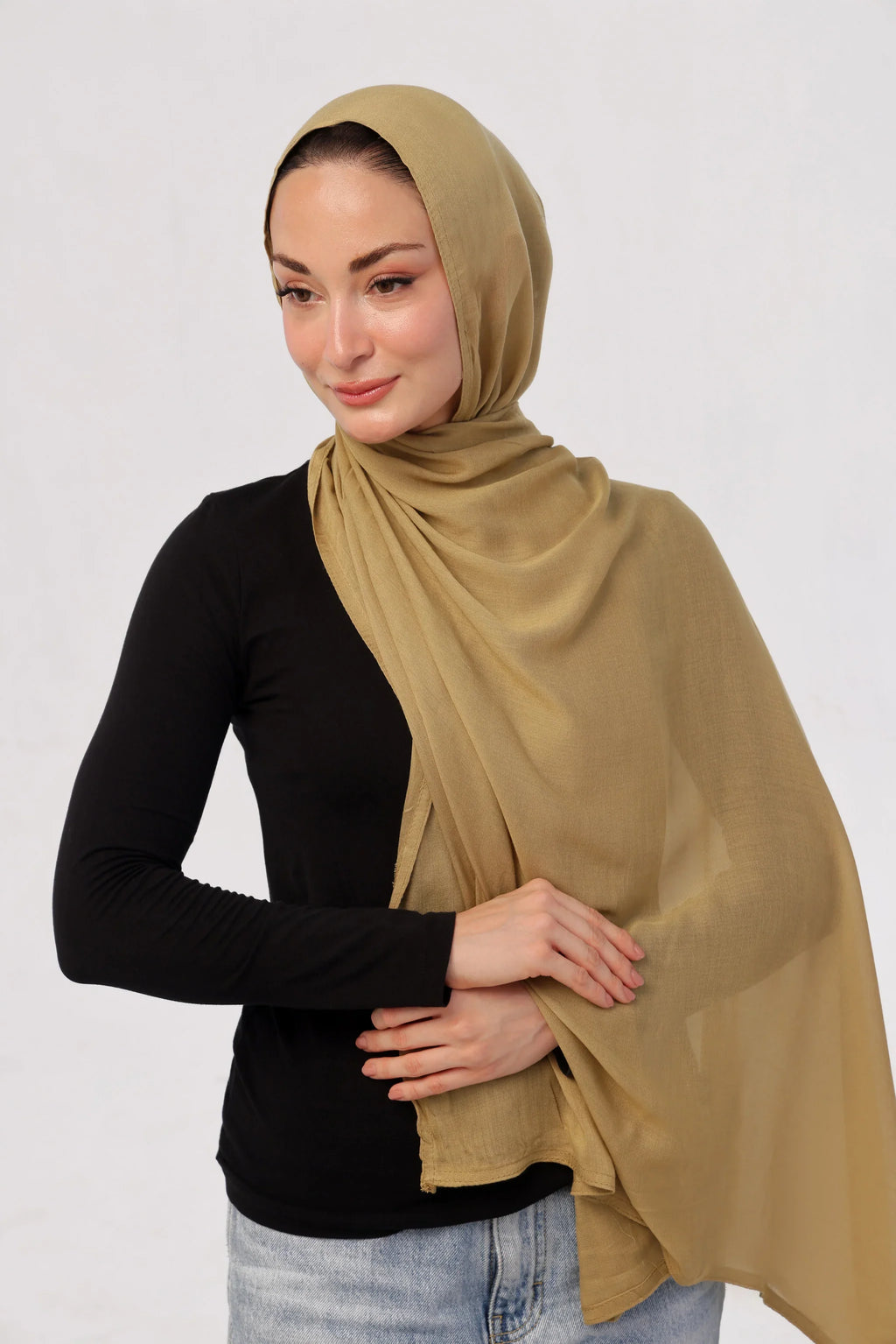 Henna Modal Hijab - worn by model, lightweight and flowy drape.
