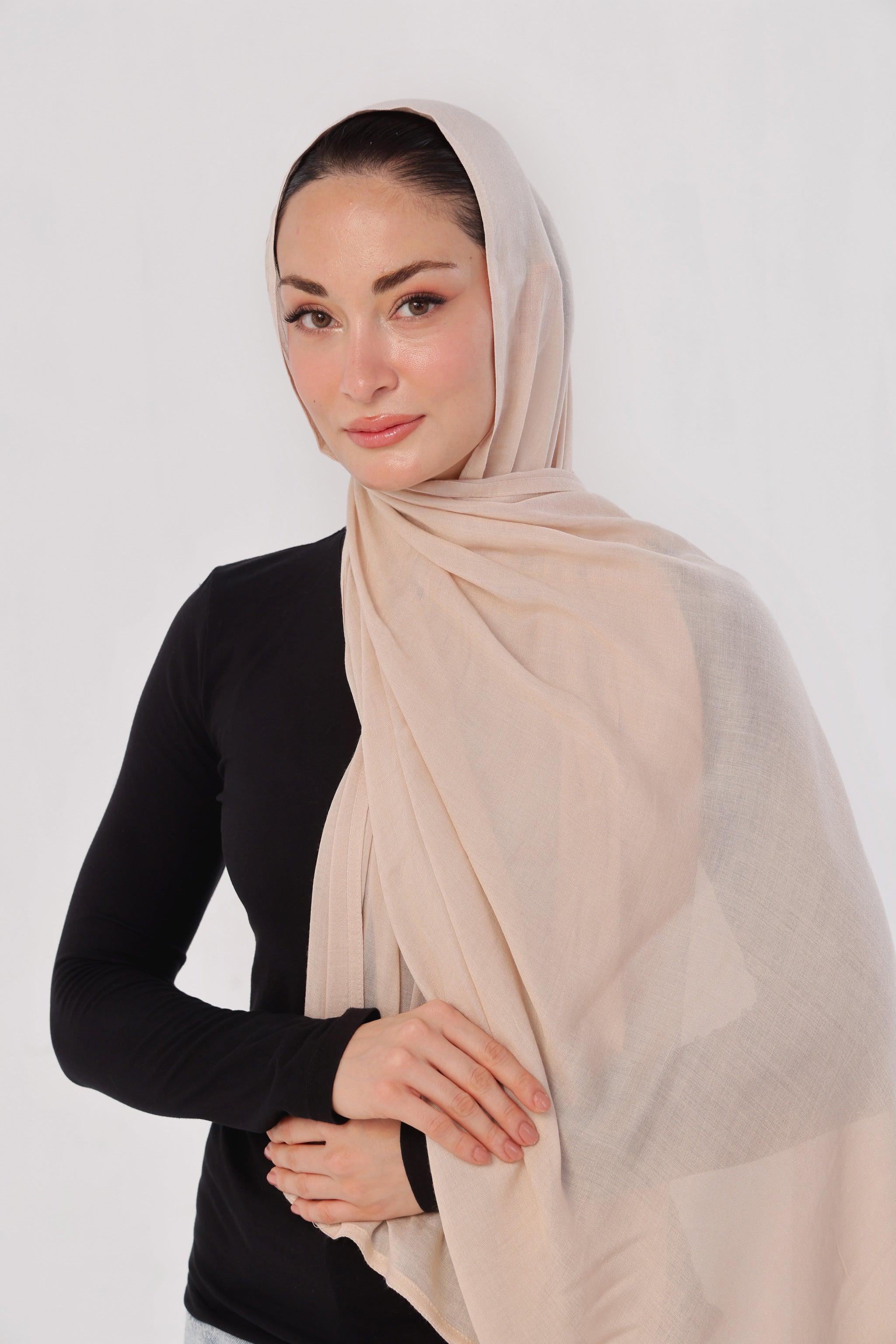 Ivory Nude Modal Hijab - worn by model, lightweight and flowy drape.