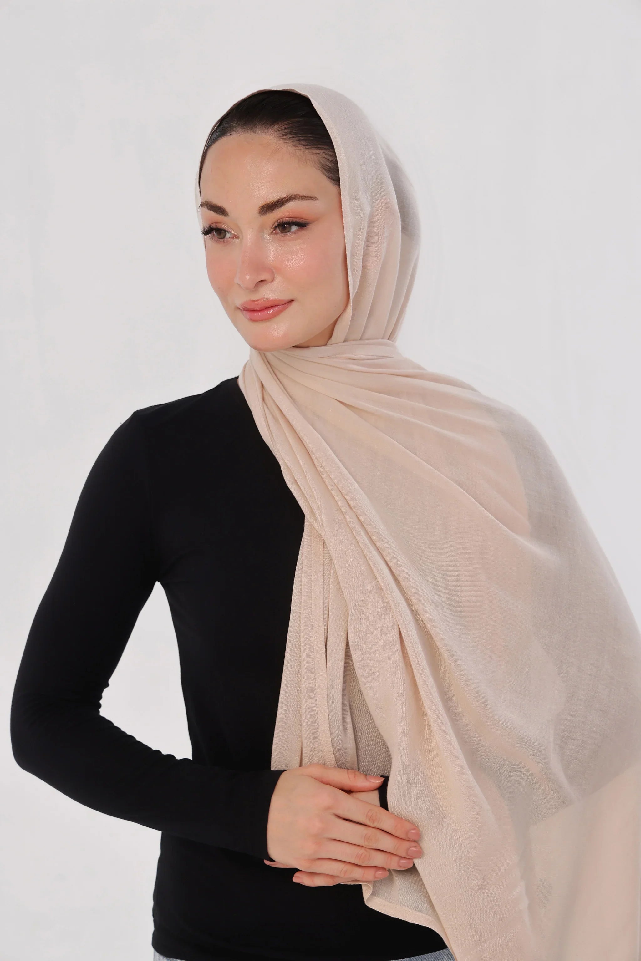 Ivory Nude Modal Hijab - close-up of smooth modal fabric texture.