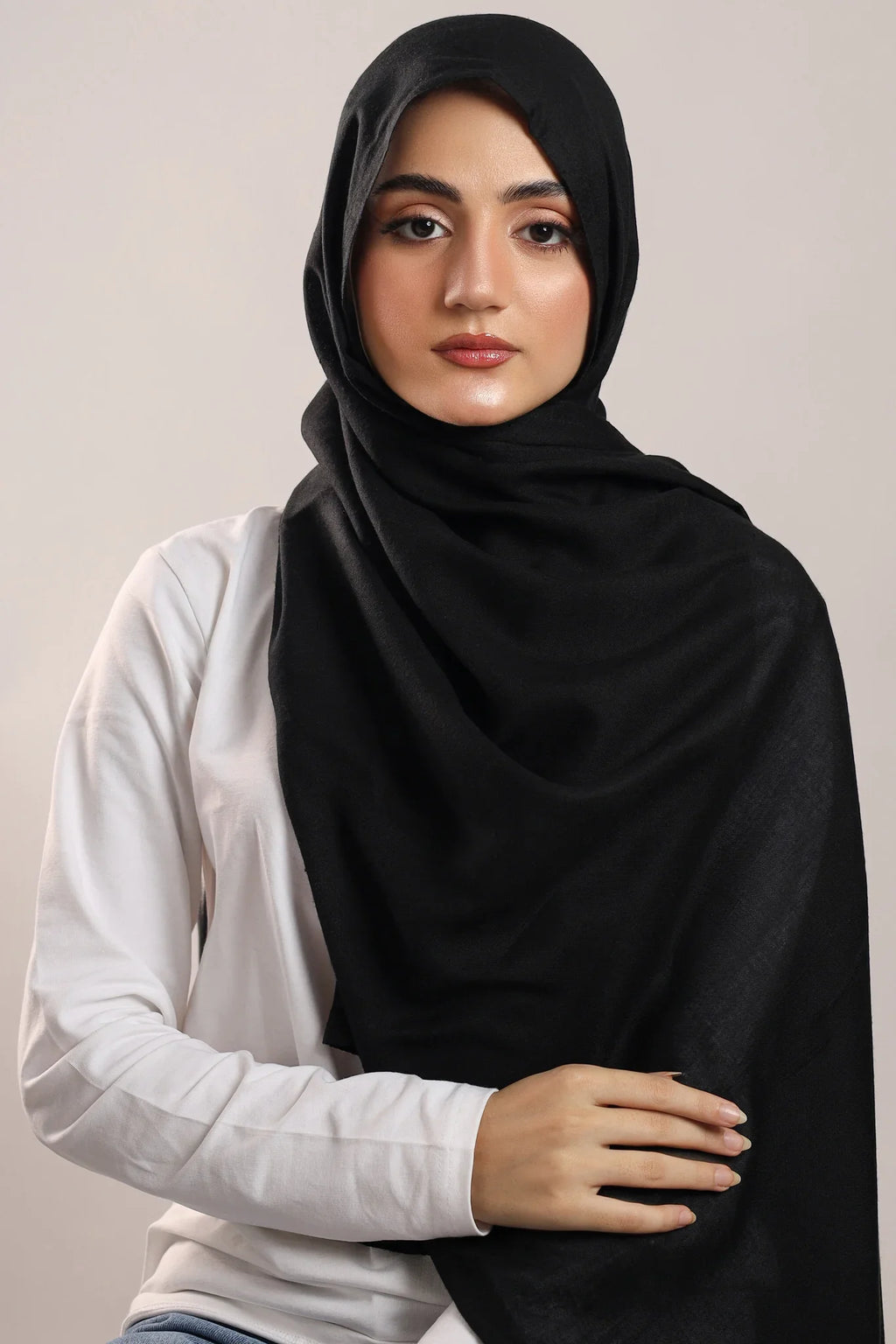 Jet Black Modal Hijab - worn by model, lightweight and flowy drape.