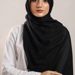 Jet Black Modal Hijab - worn by model, lightweight and flowy drape.