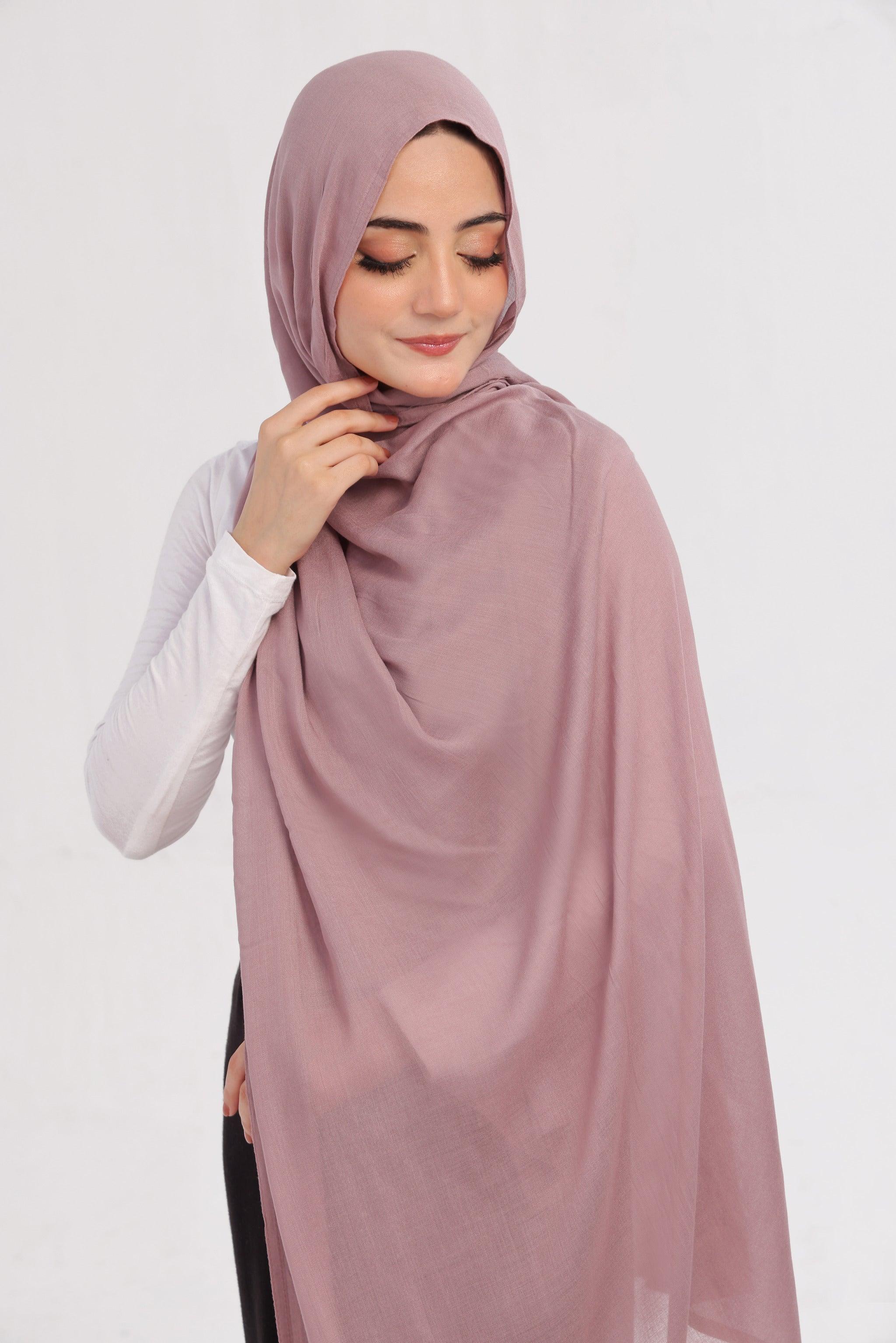 Mauve Modal Hijab - worn by model, lightweight and flowy drape.