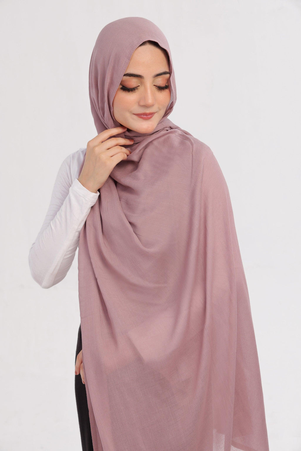 Mauve Modal Hijab - worn by model, lightweight and flowy drape.