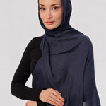 Navy Blue Modal Hijab - worn by model, lightweight and flowy drape.
