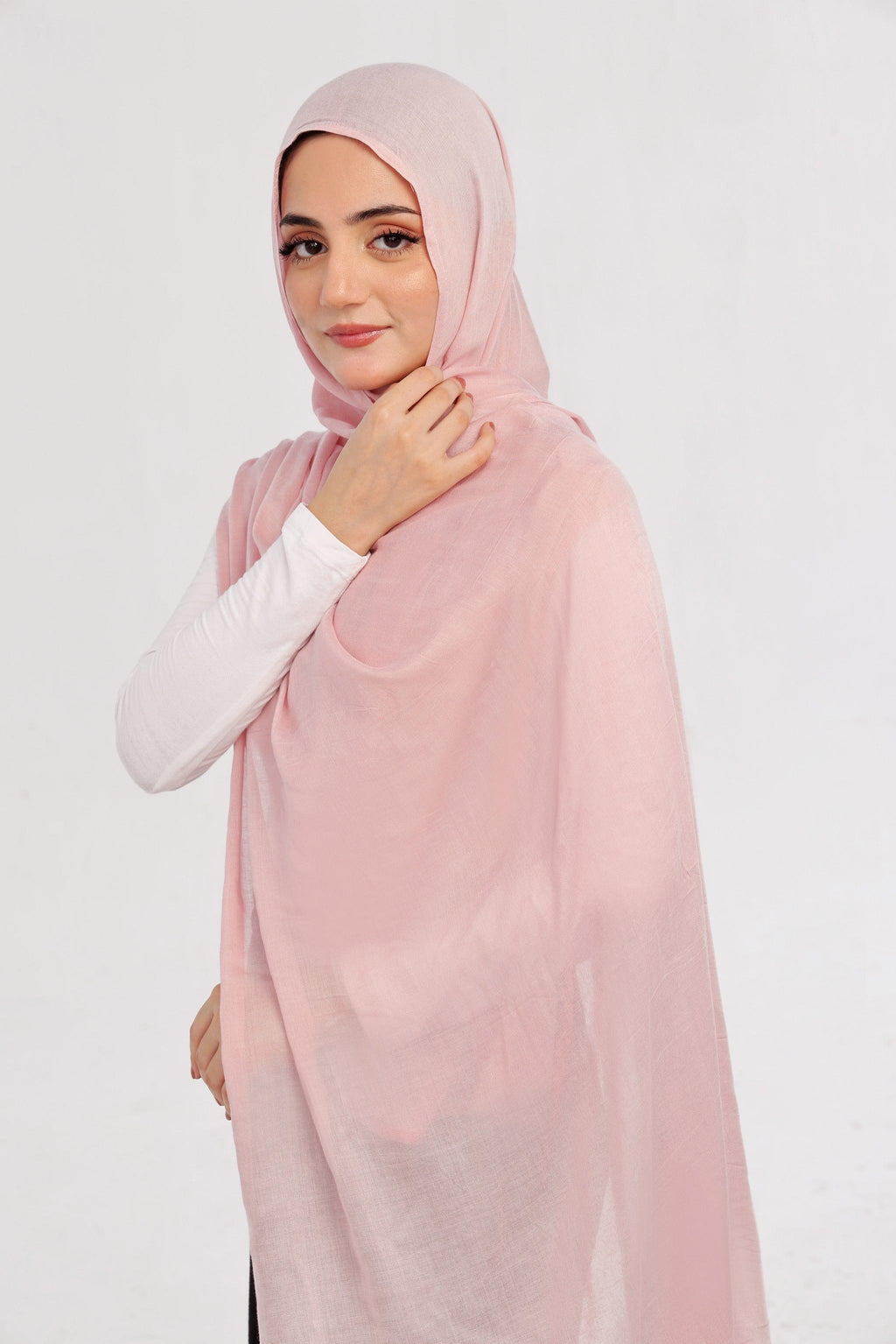 Nude Rose Modal Hijab - worn by model, lightweight and flowy drape.