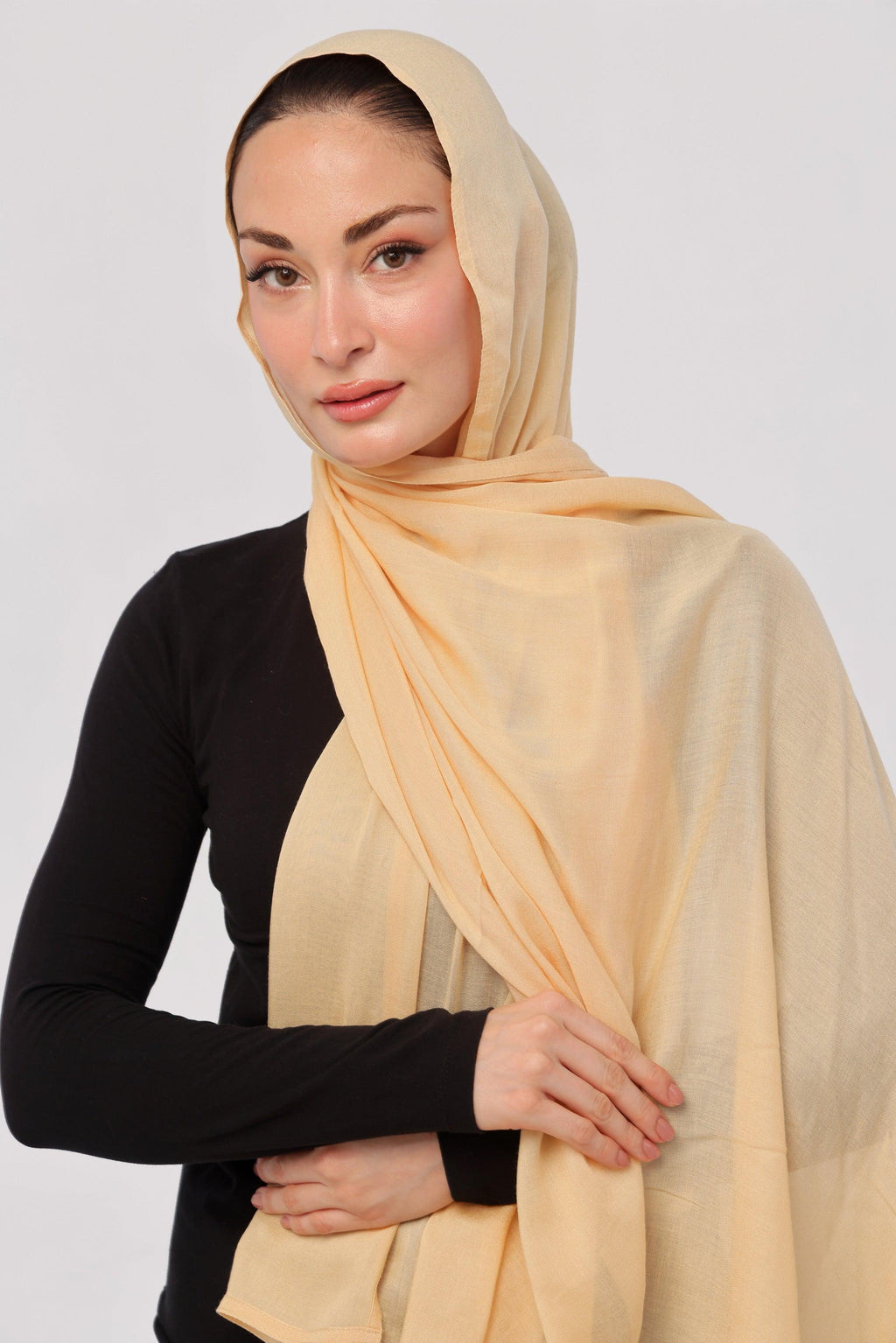 Pancake Modal Hijab - worn by model, lightweight and flowy drape.