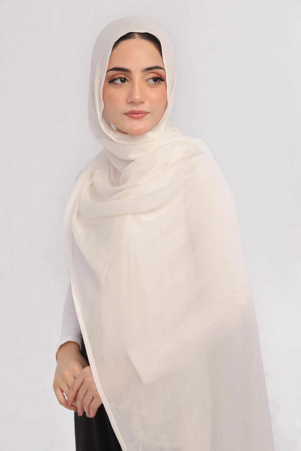 Pearl White Modal Hijab - worn by model, lightweight and flowy drape.