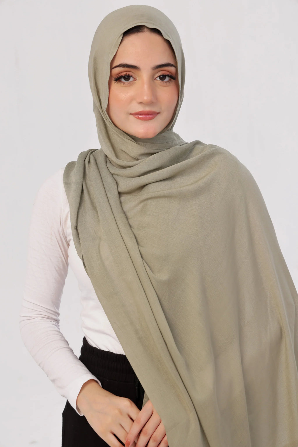 Pistachio Modal Hijab - worn by model, lightweight and flowy drape.