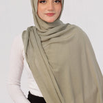 Pistachio Modal Hijab - worn by model, lightweight and flowy drape.