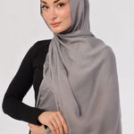 Smoke Grey Modal Hijab - worn by model, lightweight and flowy drape.