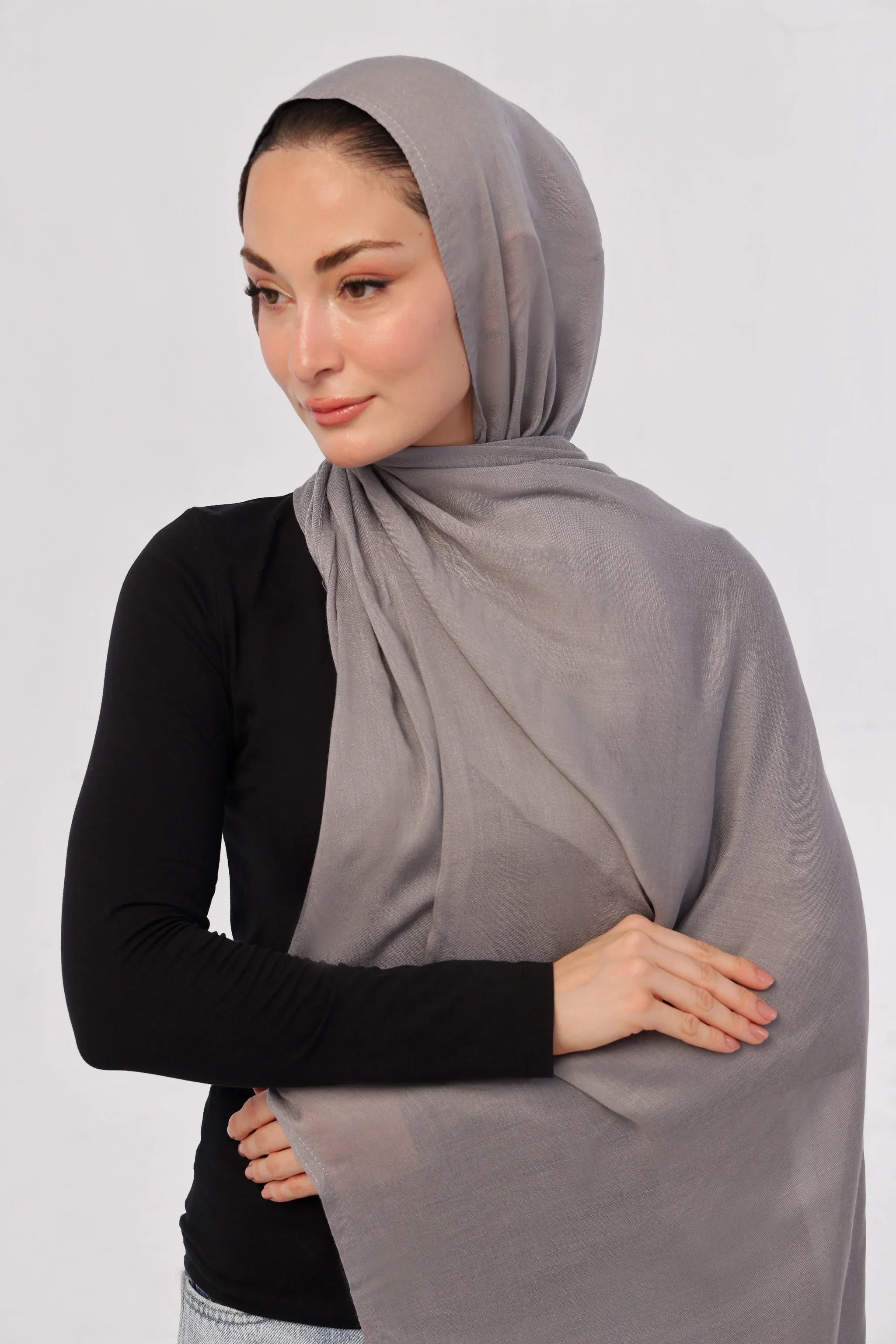 Smoke Grey Modal Hijab - close-up of smooth modal fabric texture.