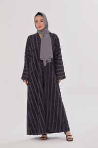 Embossed Texture Open Abaya - Charcoal Grey