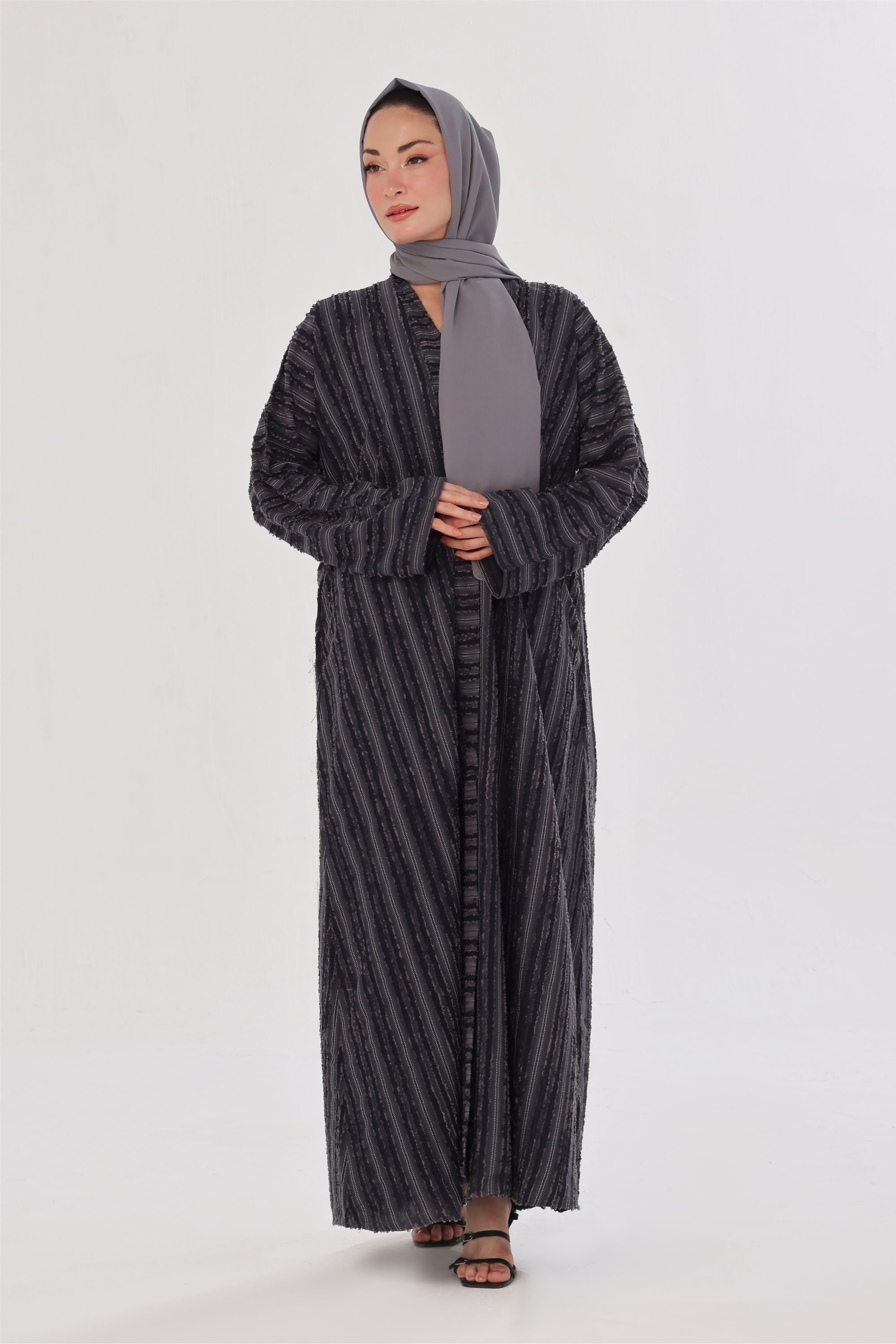 Embossed Texture Open Abaya - Charcoal Grey