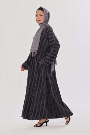 Embossed Texture Open Abaya - Charcoal Grey