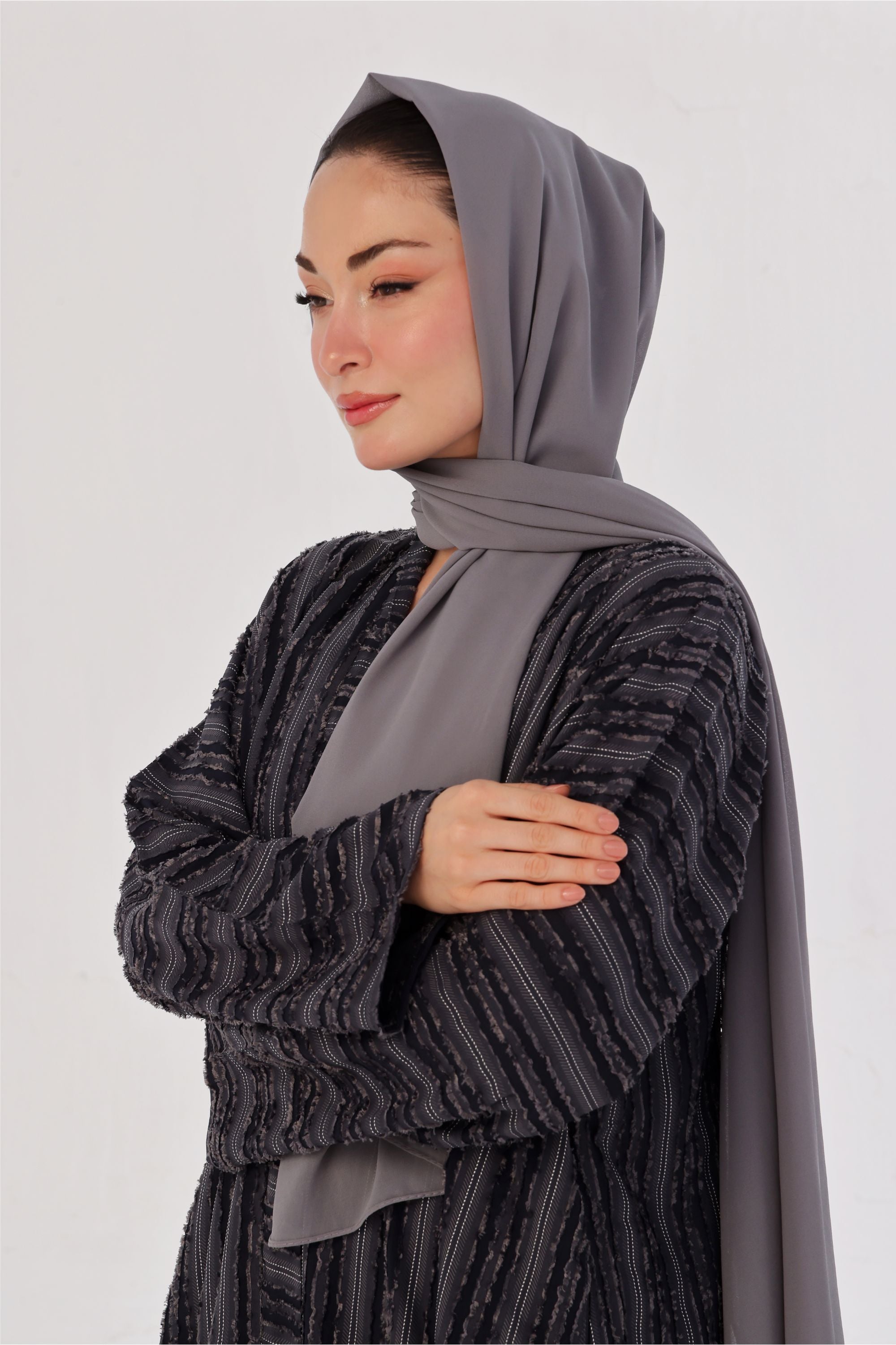 Embossed Texture Open Abaya - Charcoal Grey