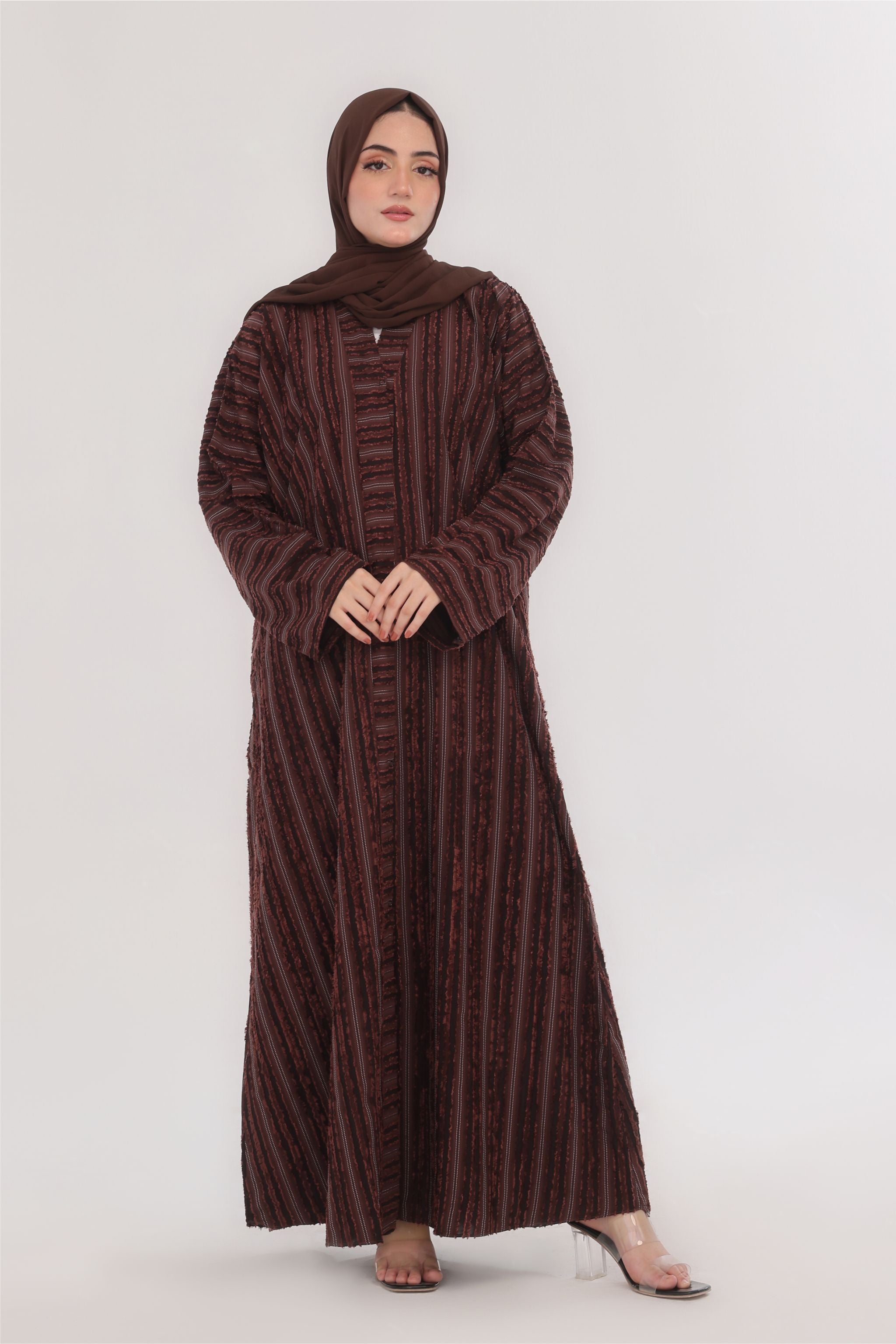 Embossed Texture Open Abaya - Coffee Brown