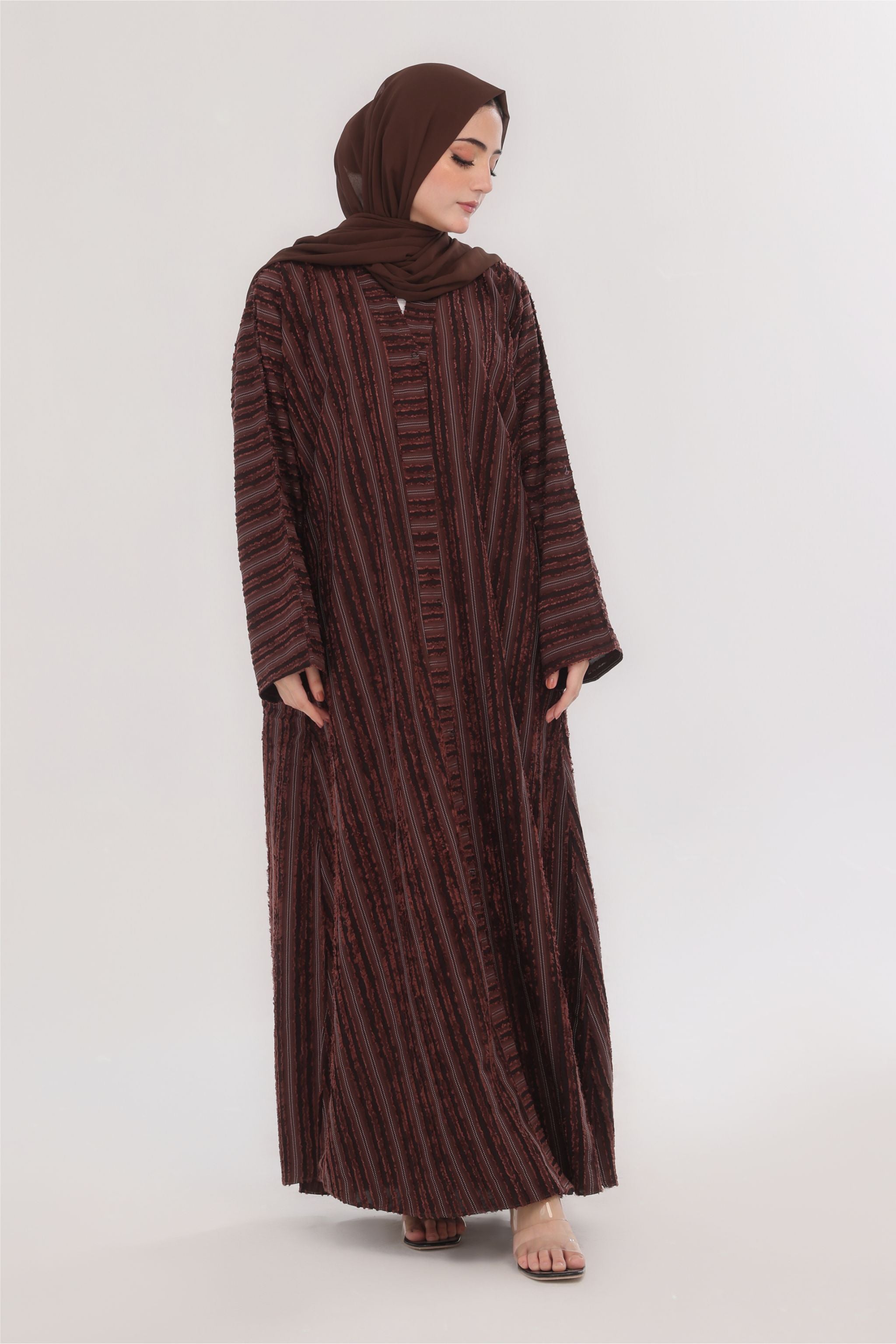 Embossed Texture Open Abaya - Coffee Brown