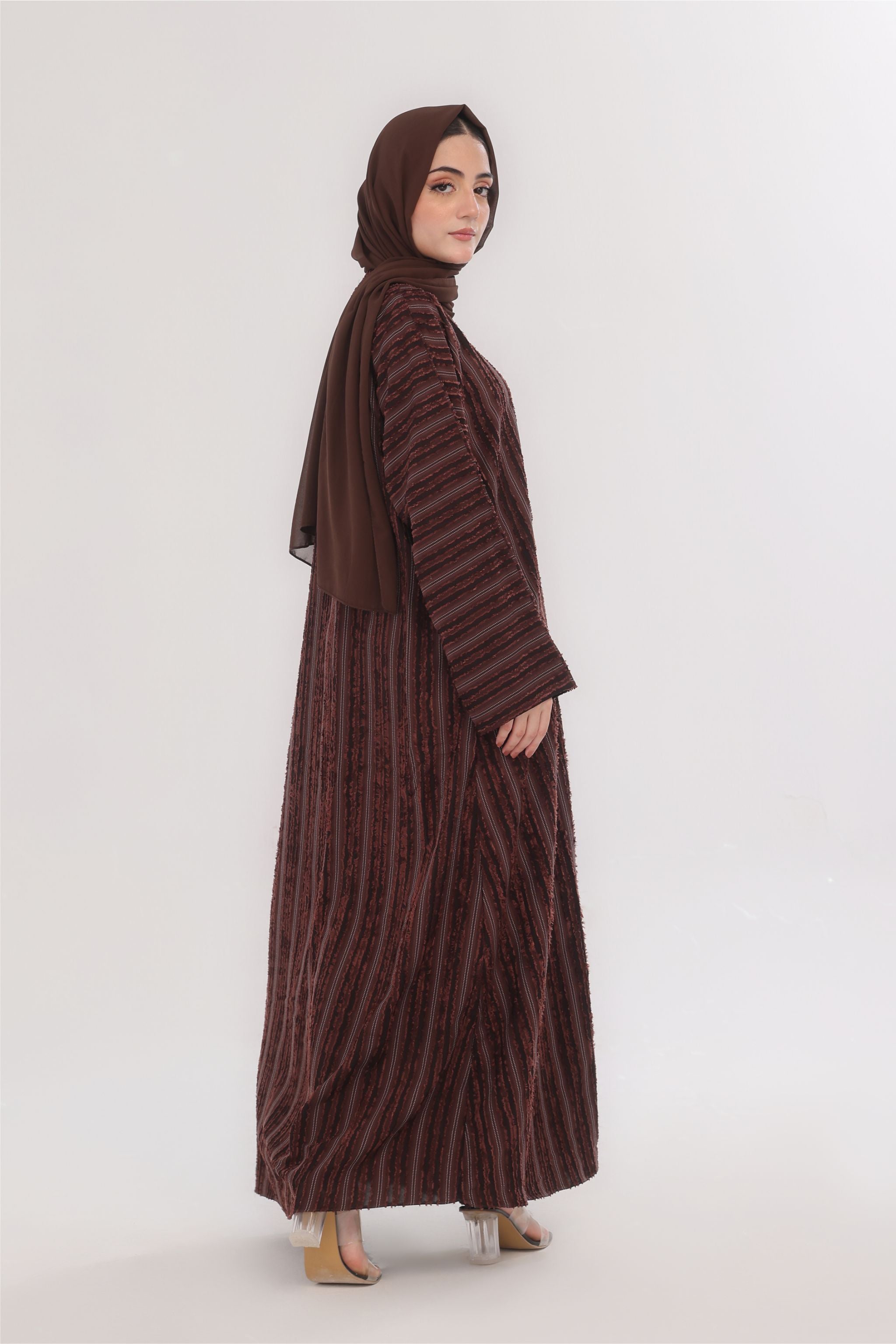 Embossed Texture Open Abaya - Coffee Brown