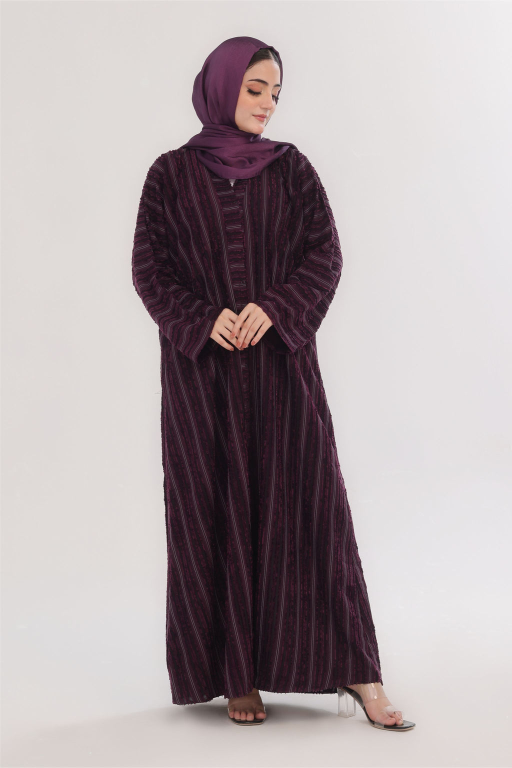 Embossed Texture Open Abaya - Dark Plum