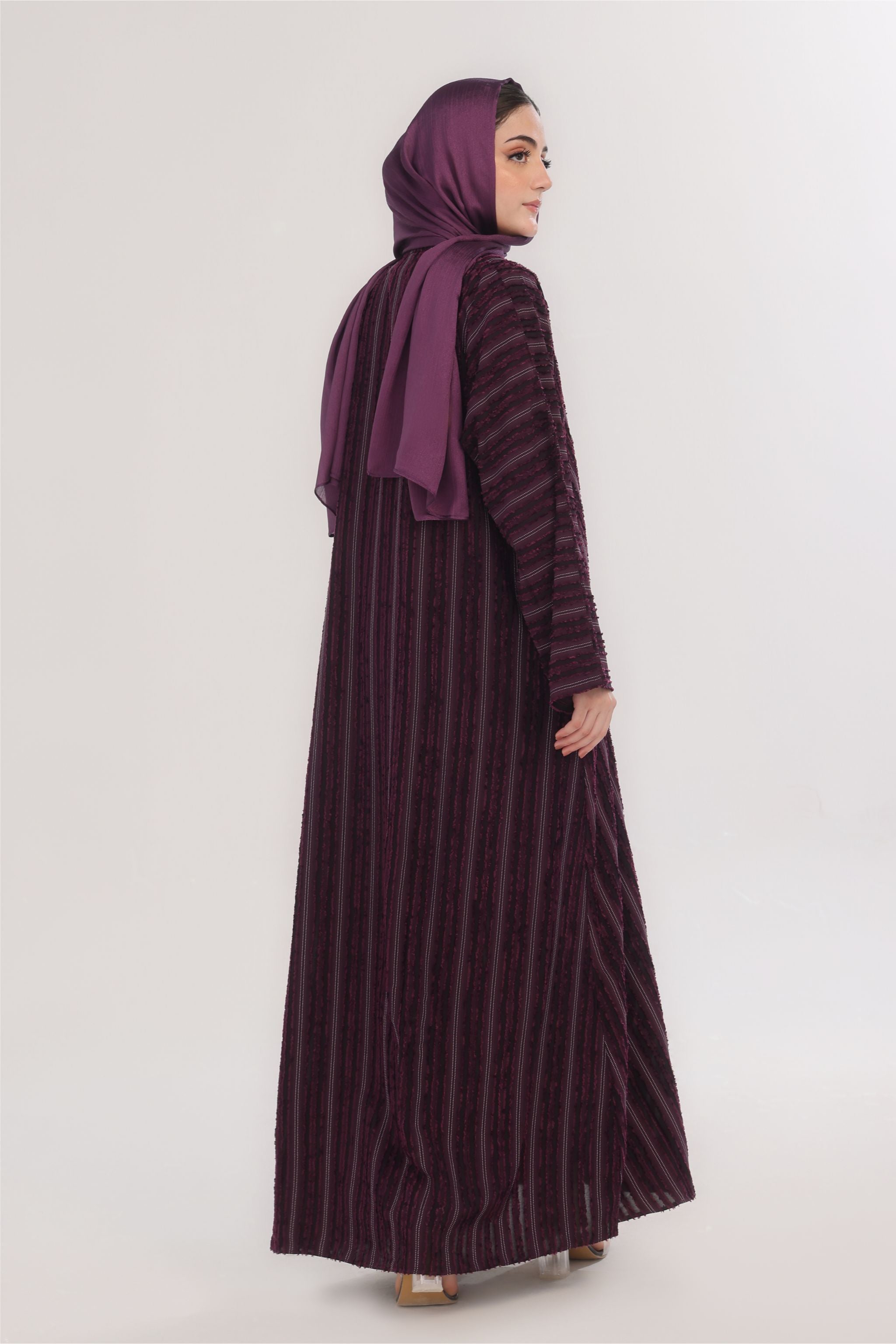 Embossed Texture Open Abaya - Dark Plum