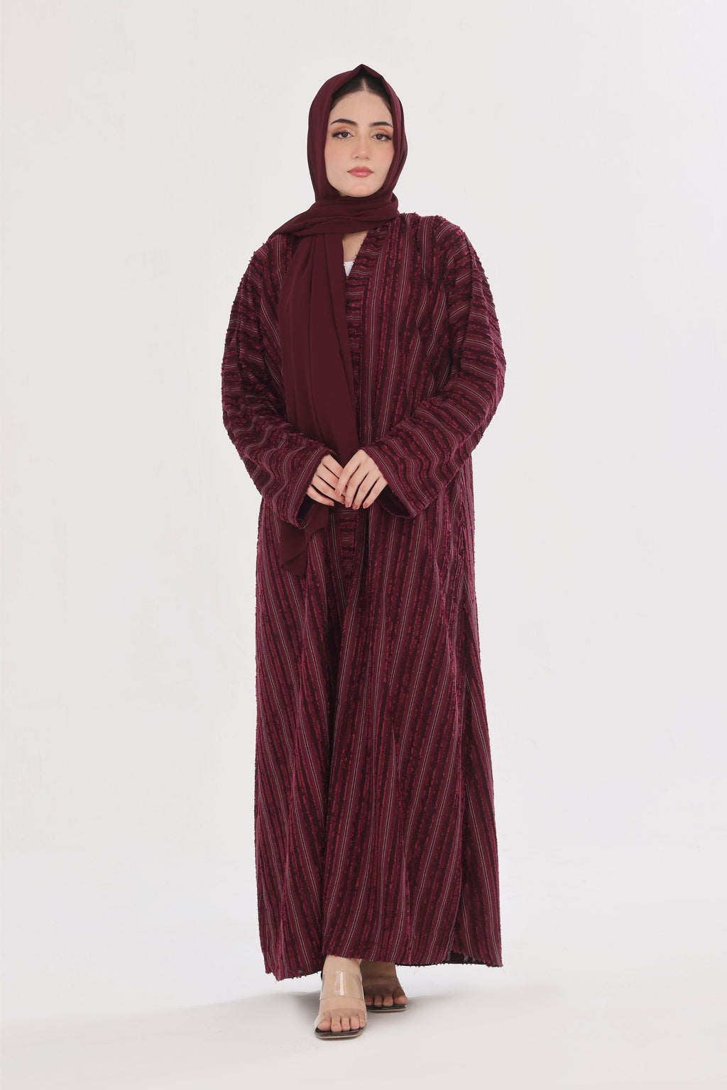 Embossed Texture Open Abaya - Maroon