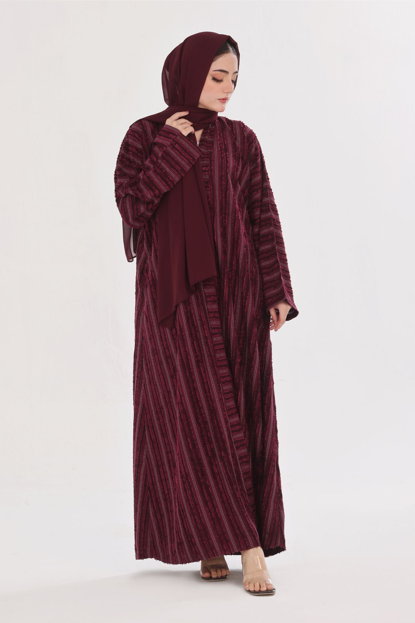 Embossed Texture Open Abaya - Maroon