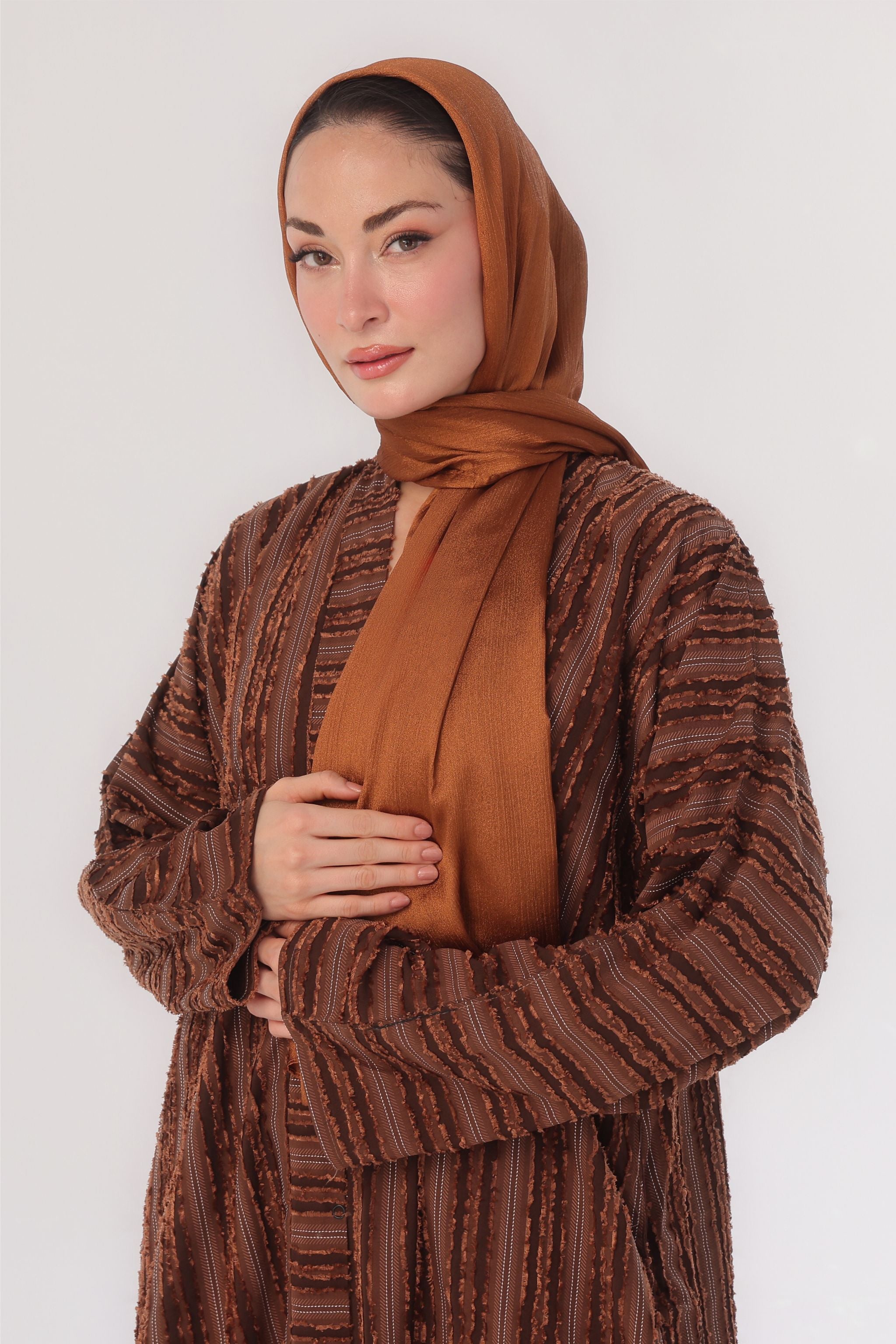 Embossed Texture Open Abaya - Warm Caramel