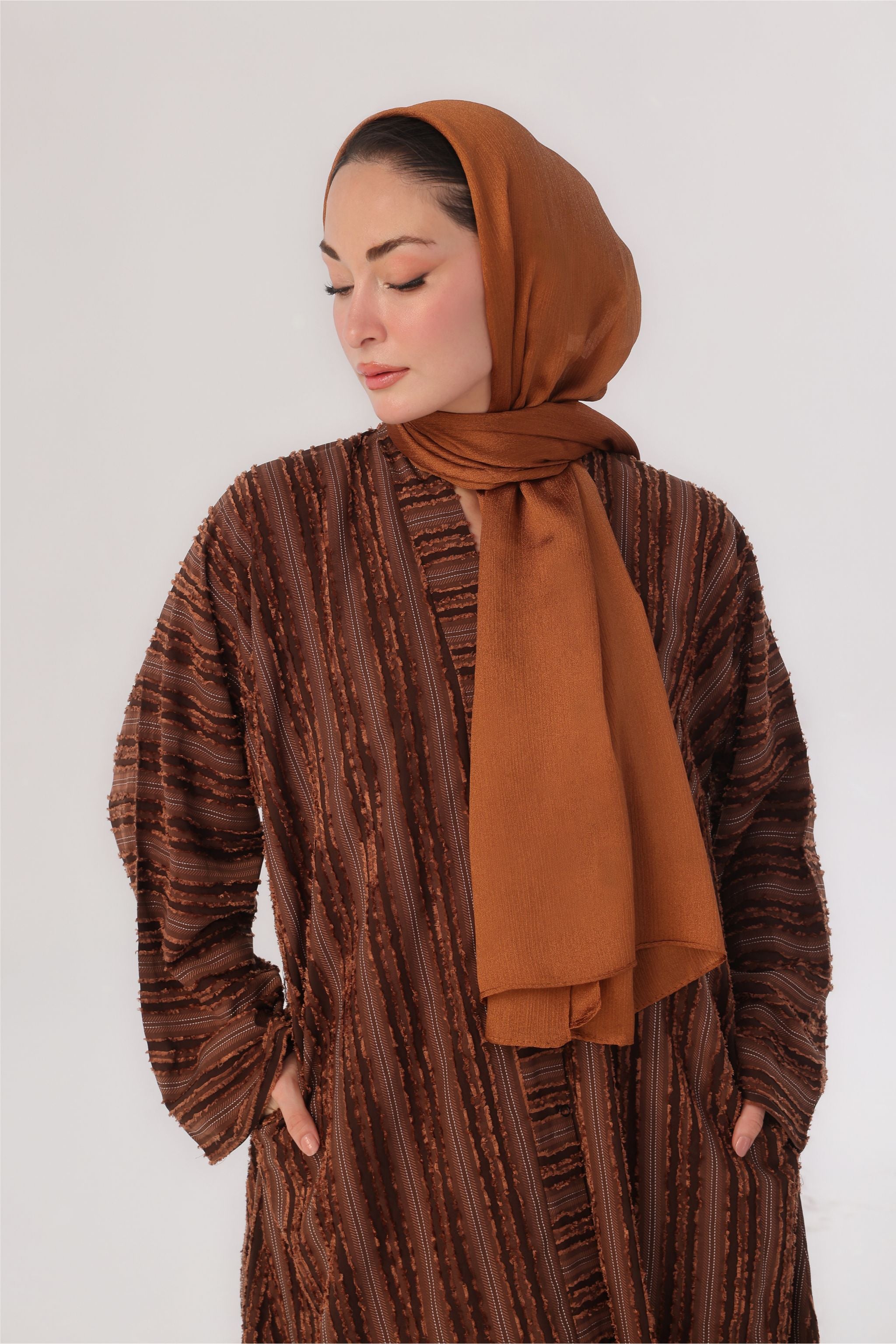 Embossed Texture Open Abaya - Warm Caramel