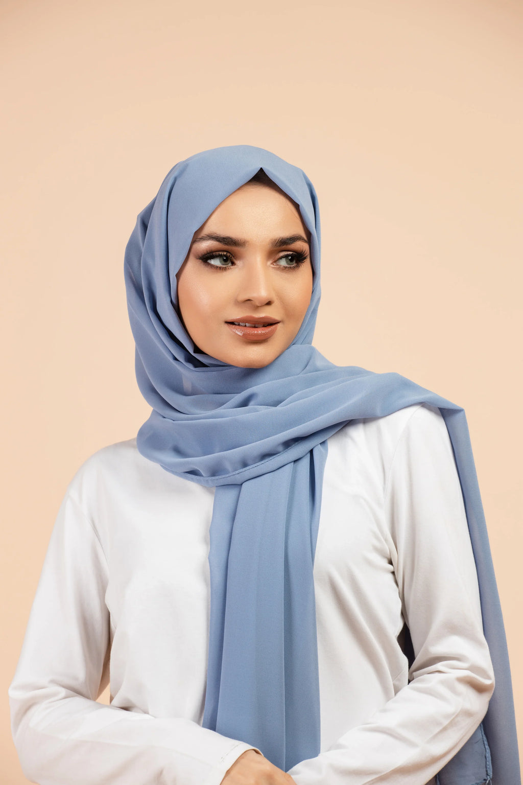 Premium Georgette - Baby Blue Georgette Hijab worn by model, lightweight and flowy drape.