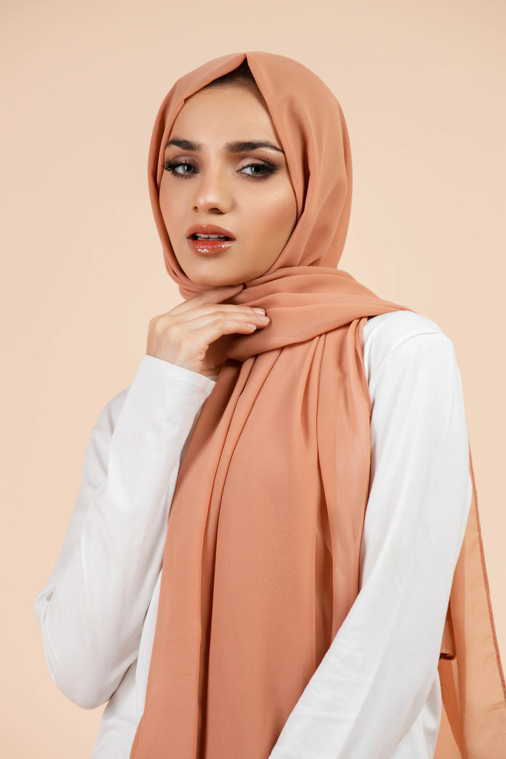 Premium Georgette - Blush Georgette Hijab worn by model, lightweight and flowy drape.