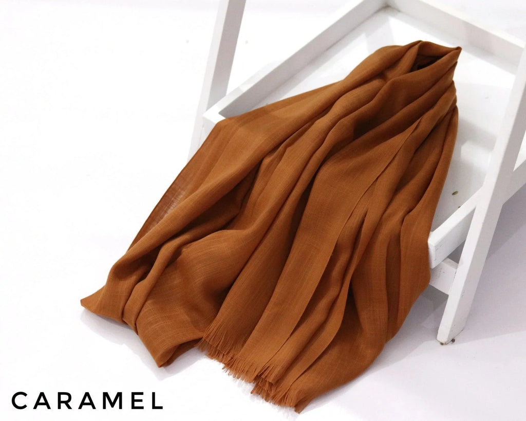 Caramel Turkish Viscose Hijab close-up of smooth Turkish viscose texture.