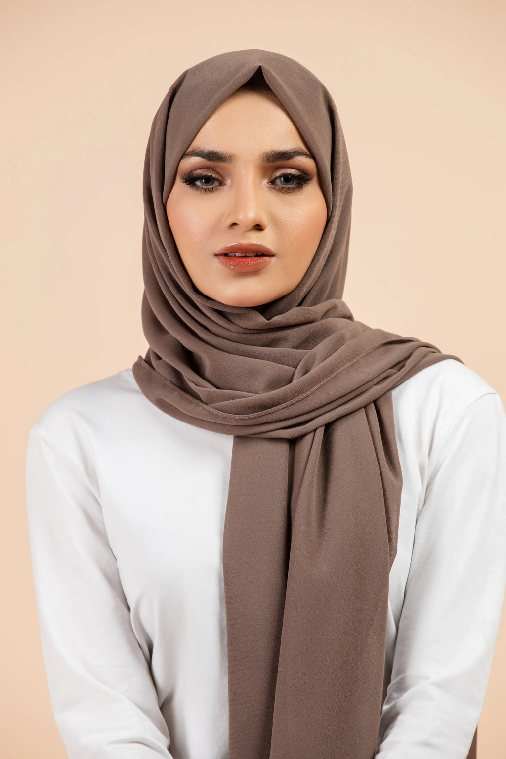 Premium Georgette - Cedar Georgette Hijab worn by model, lightweight and flowy drape.