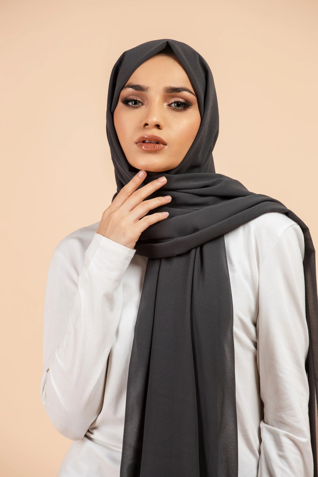 Premium Georgette - Charcoal Georgette Hijab worn by model, lightweight and flowy drape.