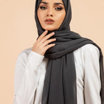 Premium Georgette - Charcoal Georgette Hijab worn by model, lightweight and flowy drape.
