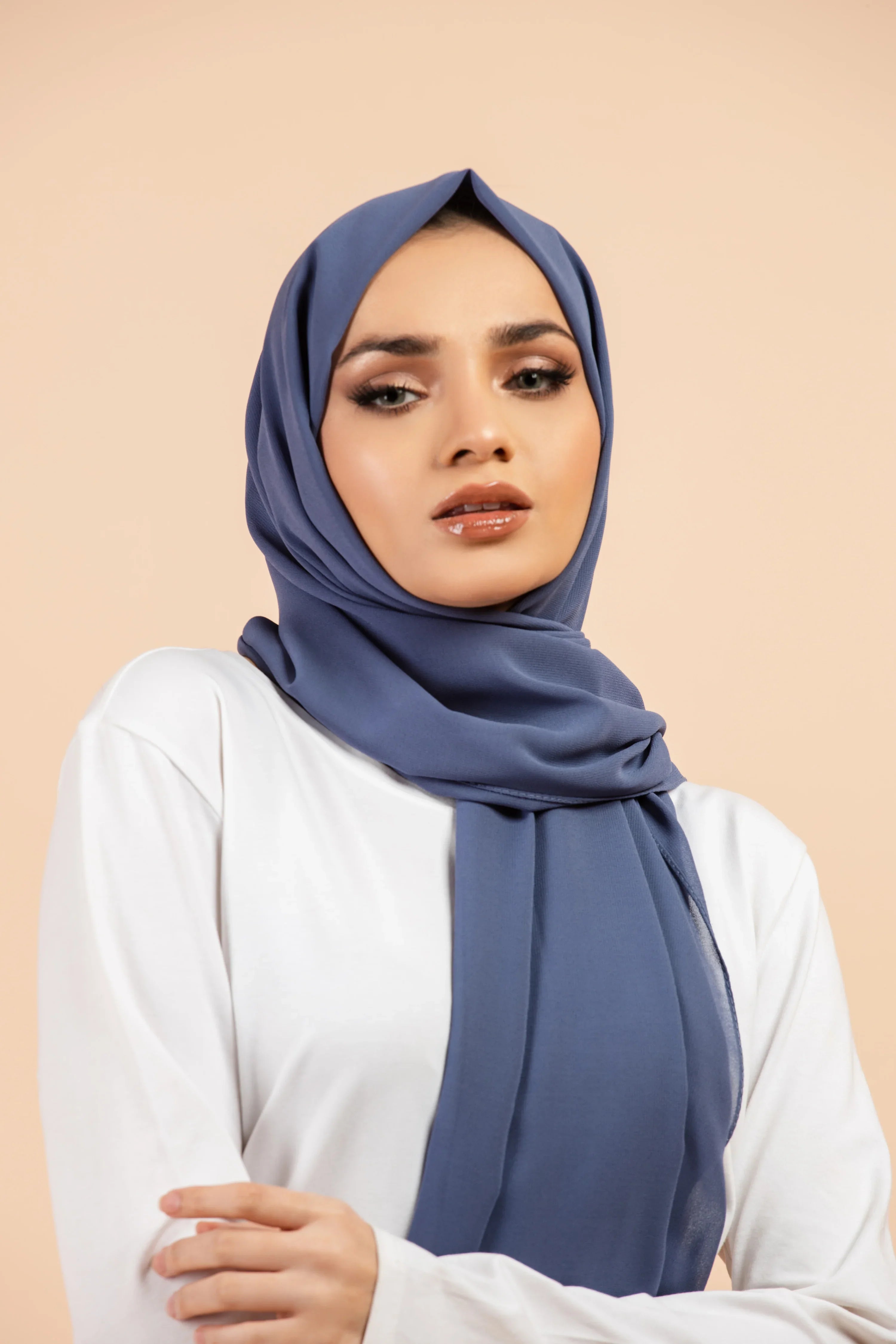 Premium Georgette - Demin Blue Georgette Hijab close-up of smooth georgette fabric texture.