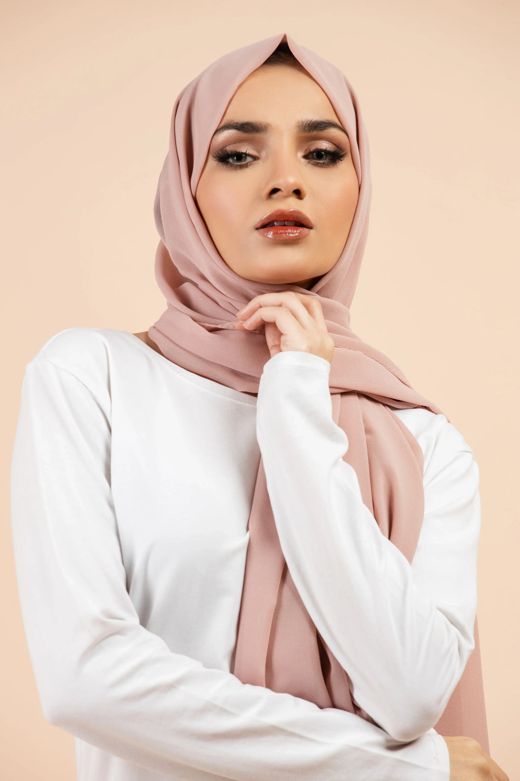 Premium Georgette - Dusty Pink Georgette Hijab worn by model, lightweight and flowy drape.