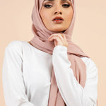 Premium Georgette - Dusty Pink Georgette Hijab worn by model, lightweight and flowy drape.