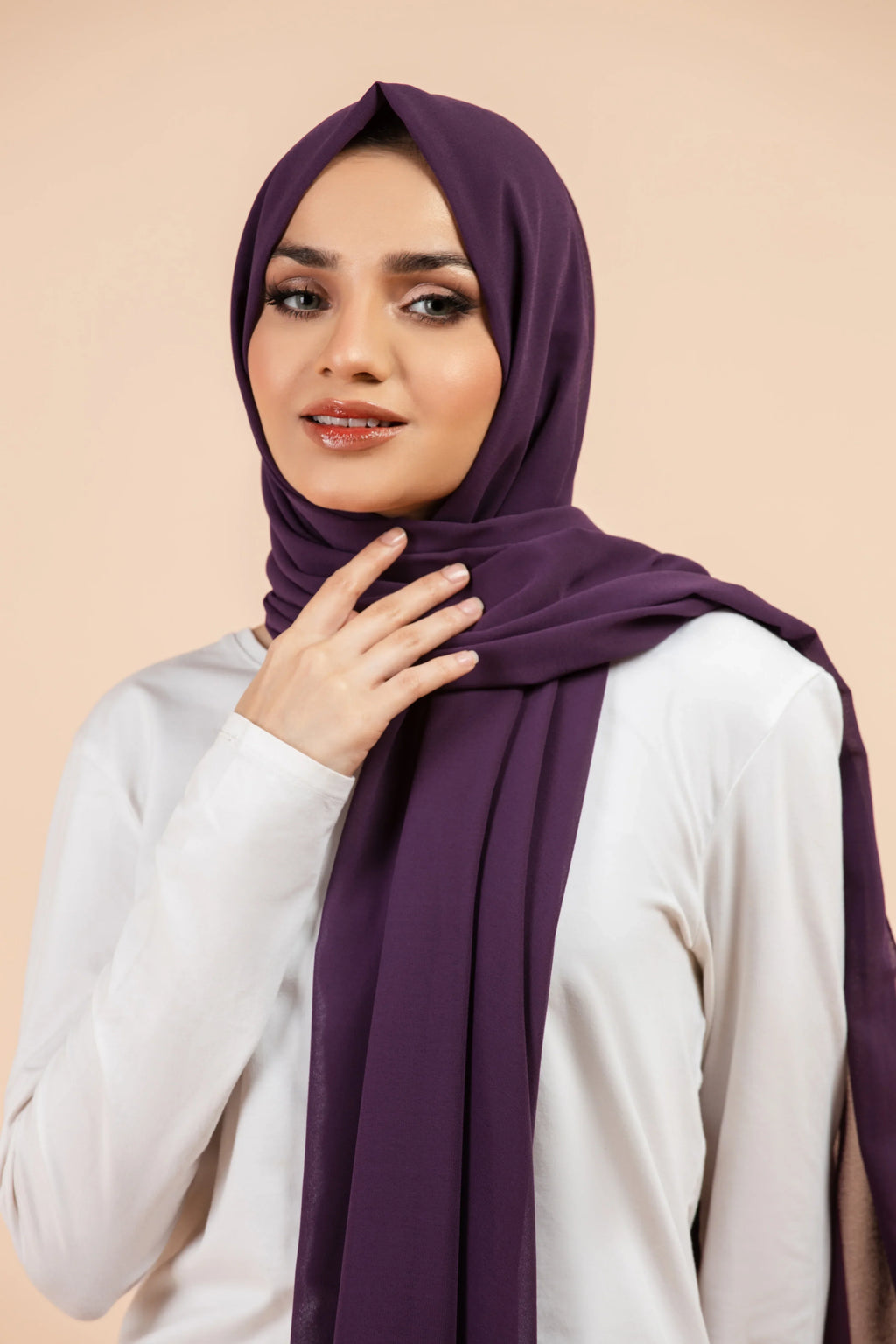 Premium Georgette - Eggplant Georgette Hijab worn by model, lightweight and flowy drape.
