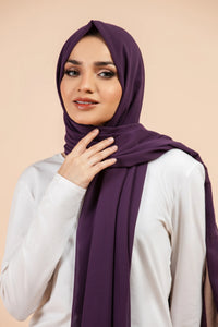Premium Georgette - Eggplant Georgette Hijab worn by model, lightweight and flowy drape.