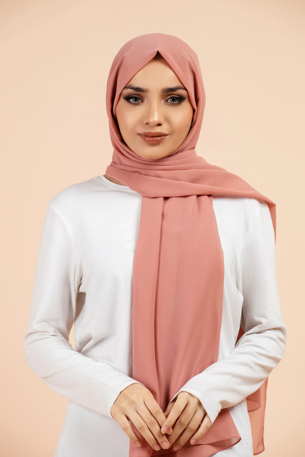 Premium Georgette - Flamingo Georgette Hijab worn by model, lightweight and flowy drape.