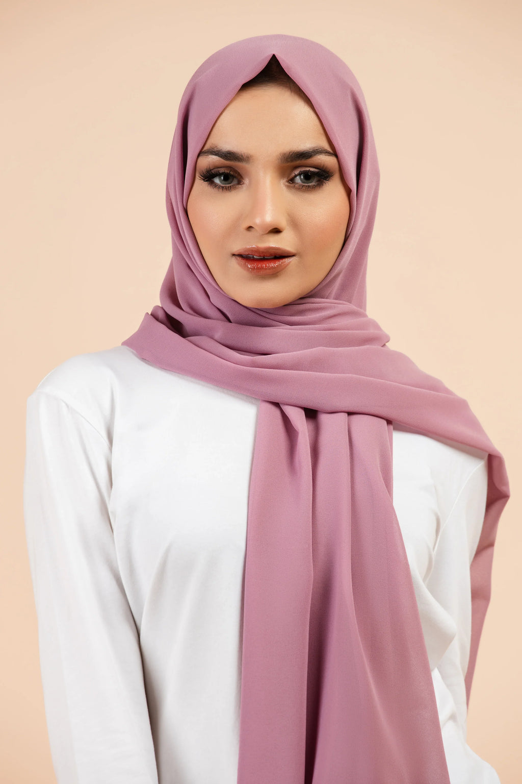 Premium Georgette - French Rose Georgette Hijab worn by model, lightweight and flowy drape.
