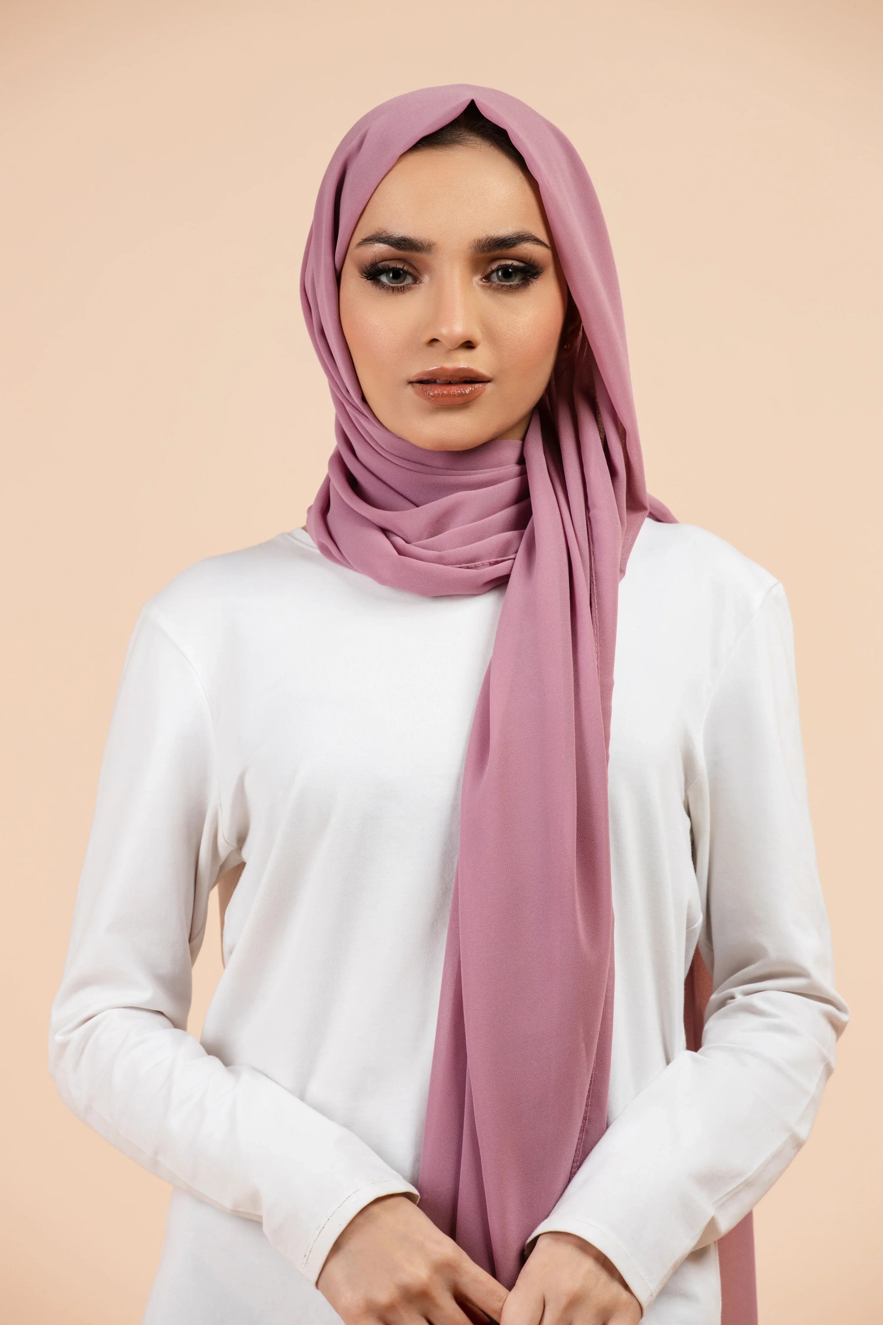 Premium Georgette - French Rose Georgette Hijab close-up of smooth georgette fabric texture.