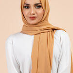 Premium Georgette - Golden Beige Georgette Hijab worn by model, lightweight and flowy drape.